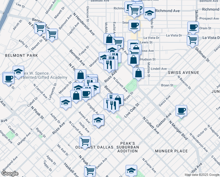 map of restaurants, bars, coffee shops, grocery stores, and more near 5005 San Jacinto Street in Dallas