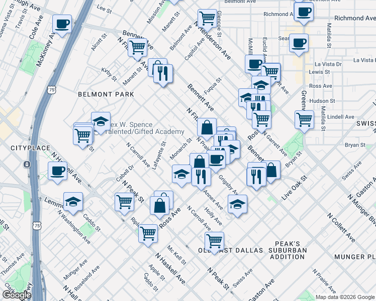 map of restaurants, bars, coffee shops, grocery stores, and more near 4636 Monarch Street in Dallas