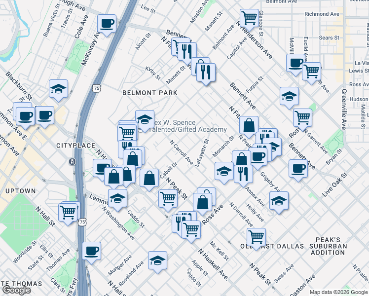 map of restaurants, bars, coffee shops, grocery stores, and more near 2218 North Carroll Avenue in Dallas