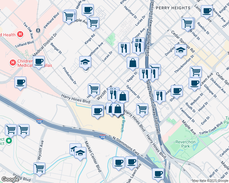 map of restaurants, bars, coffee shops, grocery stores, and more near 2322 Vagas Street in Dallas