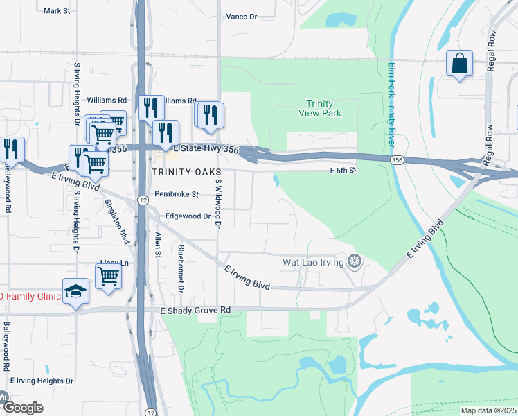 map of restaurants, bars, coffee shops, grocery stores, and more near 713 Van Horn Drive in Irving