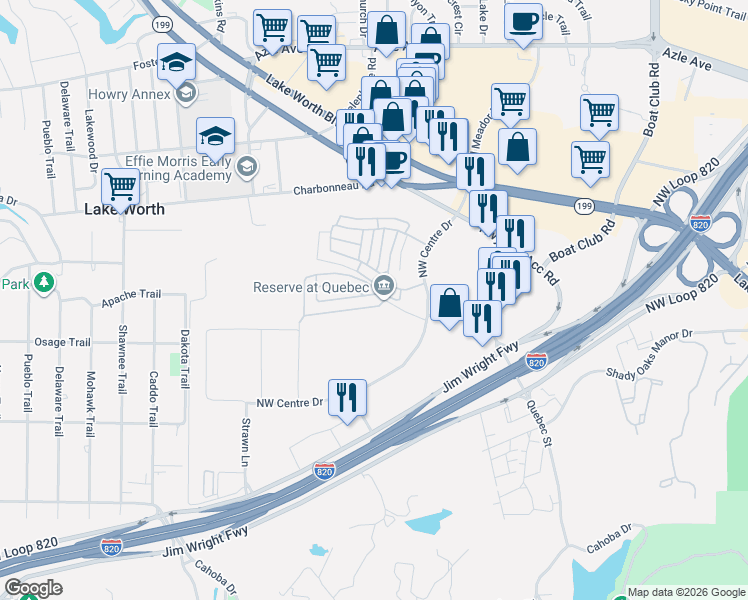 map of restaurants, bars, coffee shops, grocery stores, and more near 6655 Calgary Lane in Fort Worth
