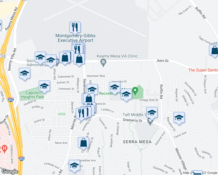 map of restaurants, bars, coffee shops, grocery stores, and more near Ediwhar Ave & Sovereign Rd in San Diego