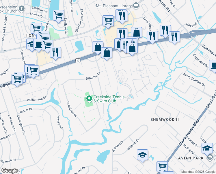 map of restaurants, bars, coffee shops, grocery stores, and more near 970 Pine Hollow Road in Mount Pleasant