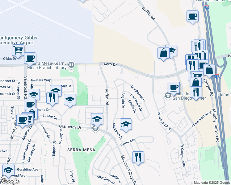 map of restaurants, bars, coffee shops, grocery stores, and more near 3526 Marathon Drive in San Diego