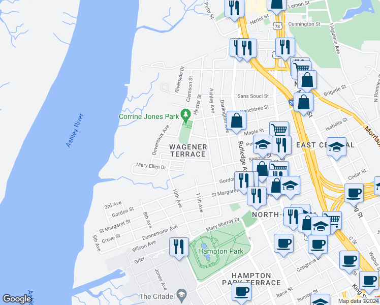 map of restaurants, bars, coffee shops, grocery stores, and more near 211 West Poplar Street in Charleston