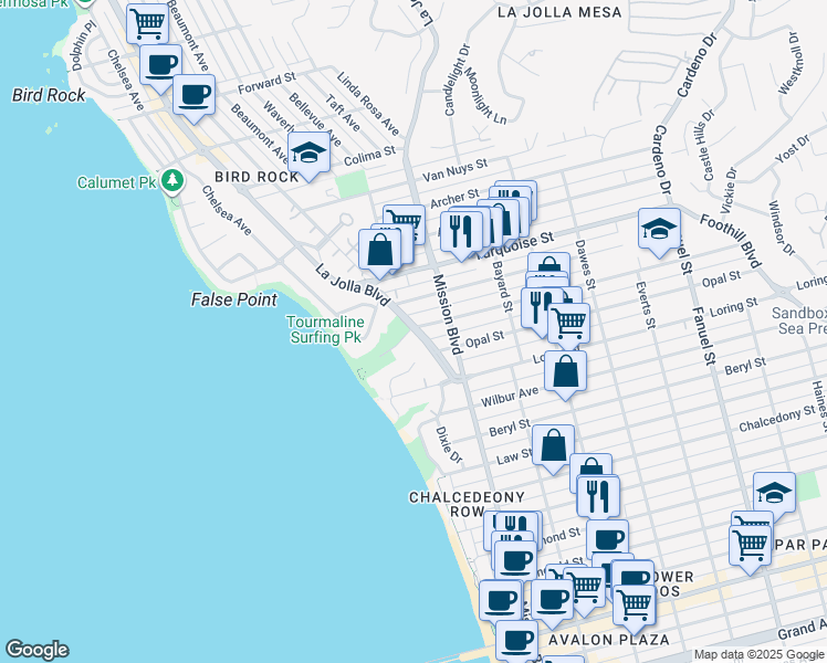 map of restaurants, bars, coffee shops, grocery stores, and more near 5055 Tourmaline Street in San Diego