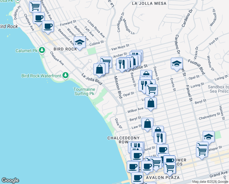 map of restaurants, bars, coffee shops, grocery stores, and more near 5075 La Jolla Boulevard in San Diego