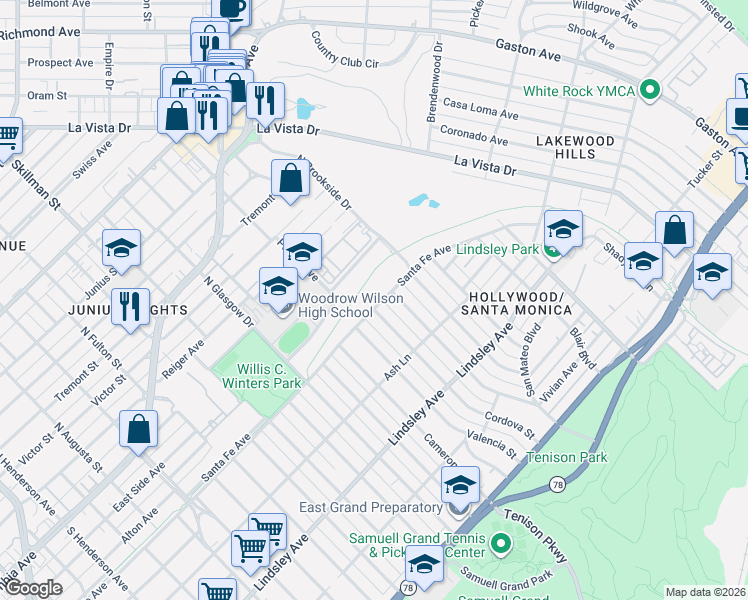 map of restaurants, bars, coffee shops, grocery stores, and more near 6609 Santa Fe Avenue in Dallas