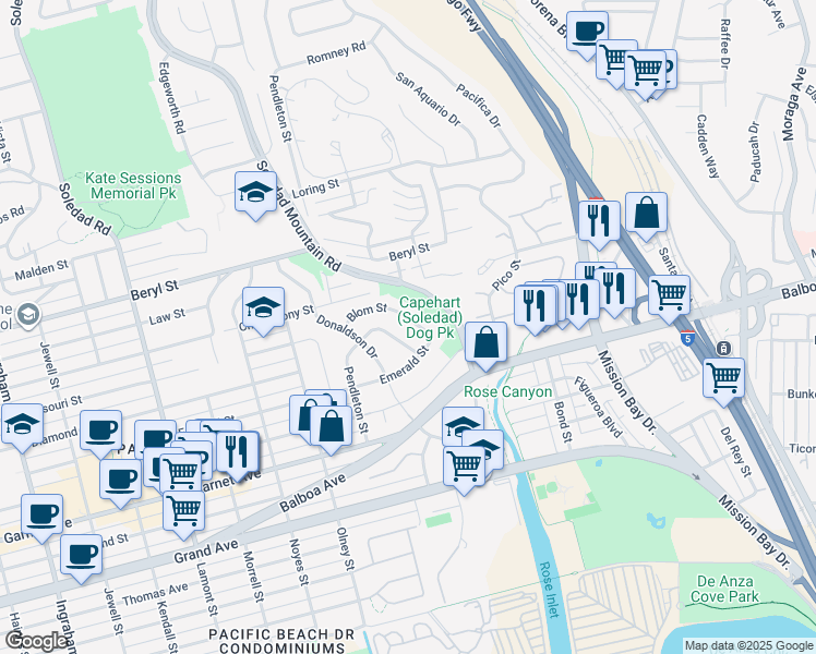 map of restaurants, bars, coffee shops, grocery stores, and more near 2435 Blom Street in San Diego
