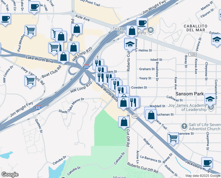 map of restaurants, bars, coffee shops, grocery stores, and more near 6048 Lake Worth Boulevard in Fort Worth
