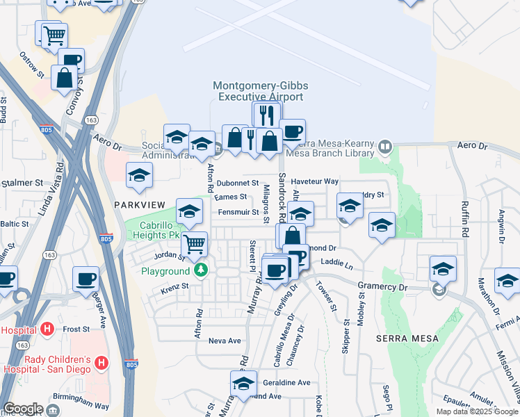map of restaurants, bars, coffee shops, grocery stores, and more near 8652 Fensmuir Street in San Diego