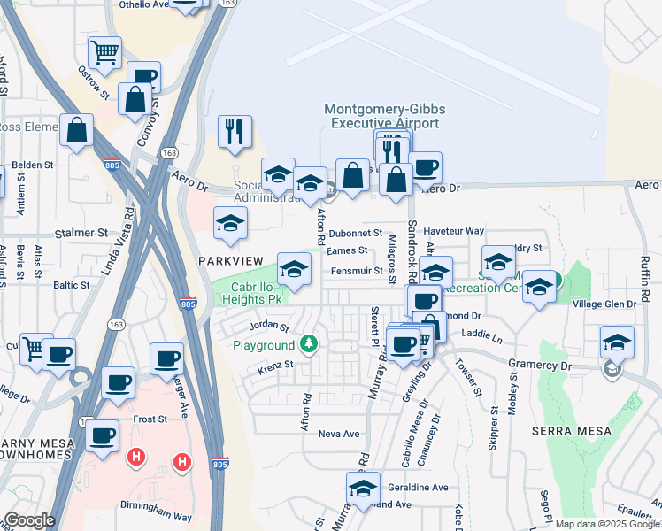 map of restaurants, bars, coffee shops, grocery stores, and more near 8512 Fensmuir Street in San Diego