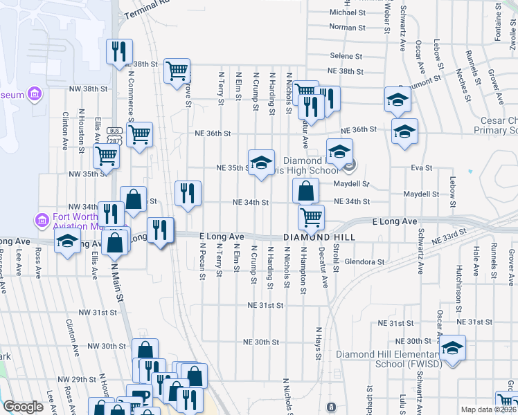 map of restaurants, bars, coffee shops, grocery stores, and more near 3420 North Crump Street in Fort Worth