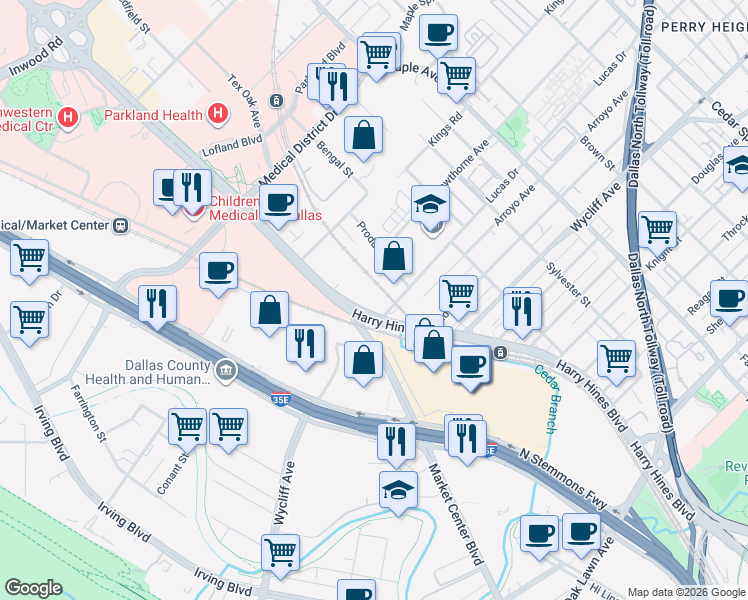 map of restaurants, bars, coffee shops, grocery stores, and more near 4500 Harry Hines Boulevard in Dallas