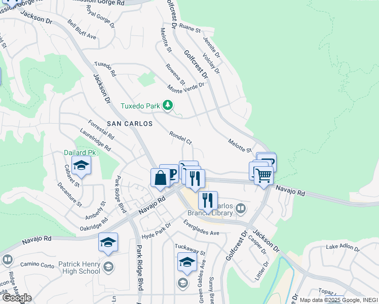map of restaurants, bars, coffee shops, grocery stores, and more near 7280 Rondel Court in San Diego