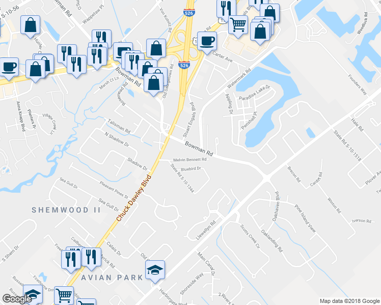 map of restaurants, bars, coffee shops, grocery stores, and more near 1236 Melvin Bennett Road in Mount Pleasant
