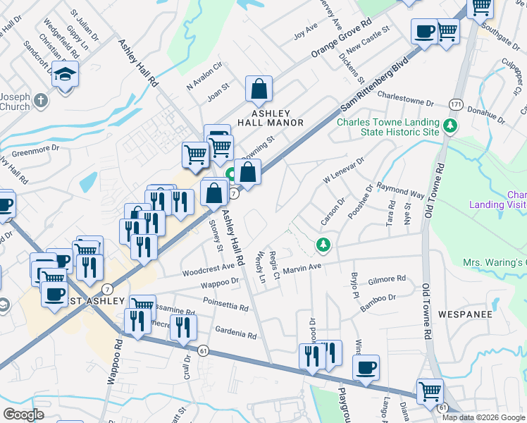 map of restaurants, bars, coffee shops, grocery stores, and more near 1454 Village Road in Charleston
