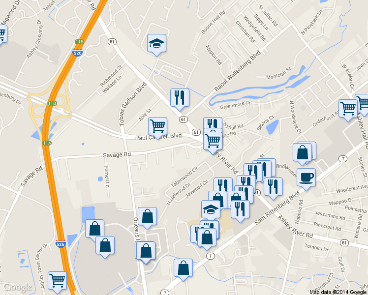 map of restaurants, bars, coffee shops, grocery stores, and more near 1443 Savage Road in Charleston