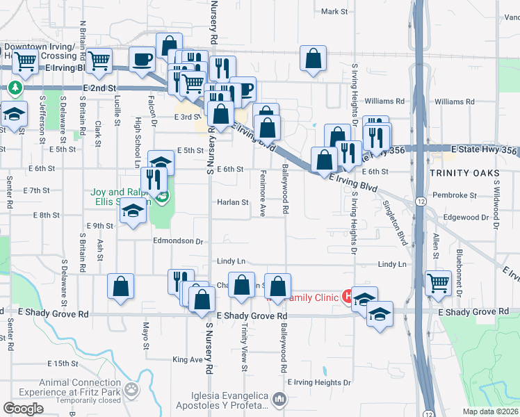 map of restaurants, bars, coffee shops, grocery stores, and more near 713 Fenimore Avenue in Irving