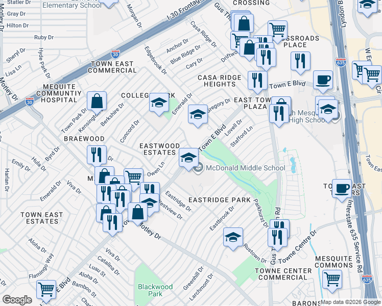 map of restaurants, bars, coffee shops, grocery stores, and more near 2801 Tedlow Trail in Mesquite