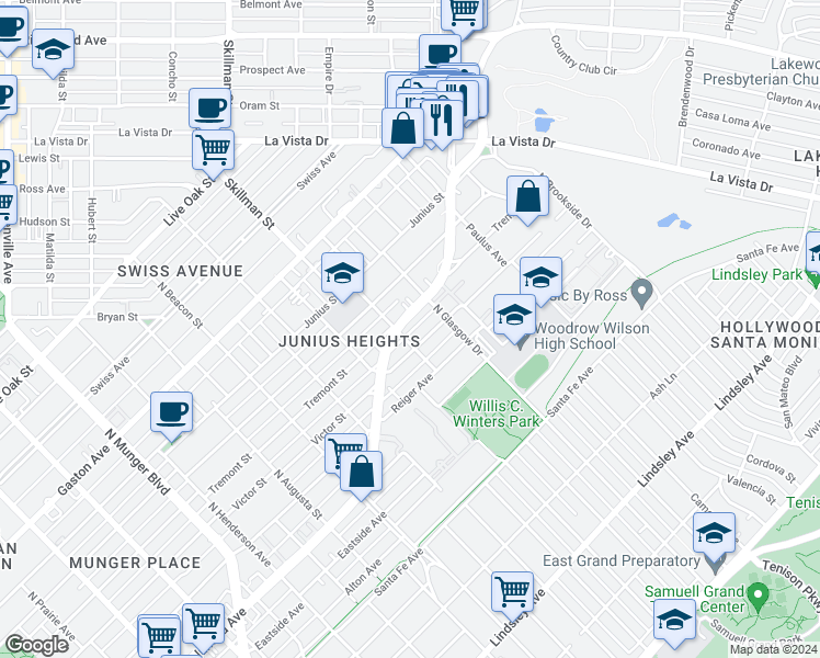 map of restaurants, bars, coffee shops, grocery stores, and more near 1510 Abrams Road in Dallas