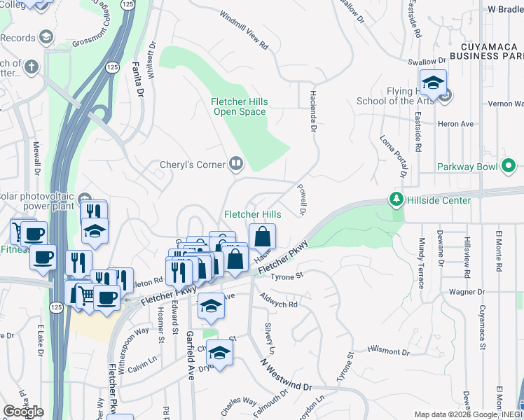 map of restaurants, bars, coffee shops, grocery stores, and more near 874 Hacienda Drive in El Cajon