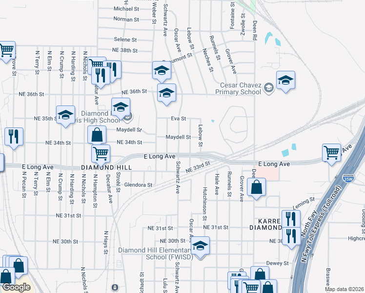 map of restaurants, bars, coffee shops, grocery stores, and more near 3456 Schwartz Avenue in Fort Worth