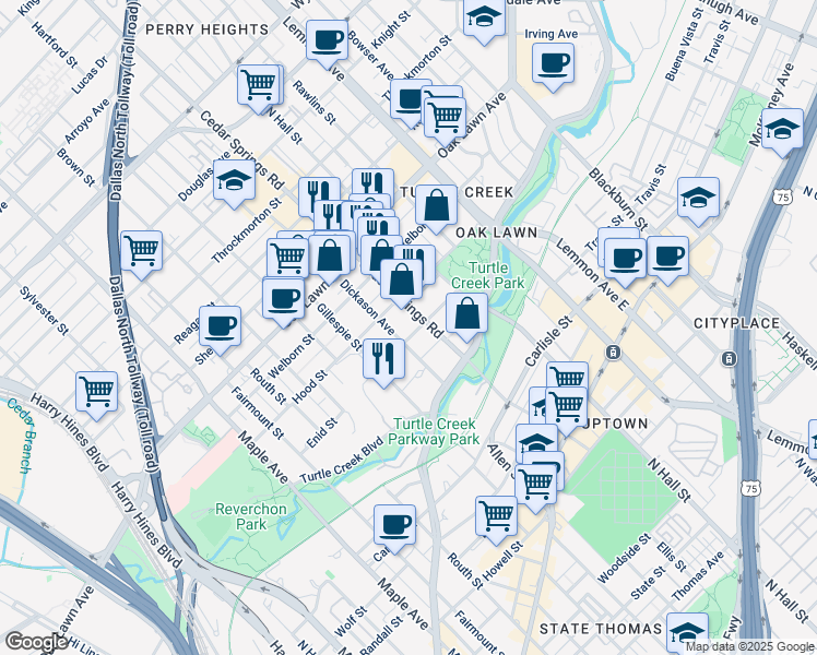 map of restaurants, bars, coffee shops, grocery stores, and more near 3518 Dickason Avenue in Dallas