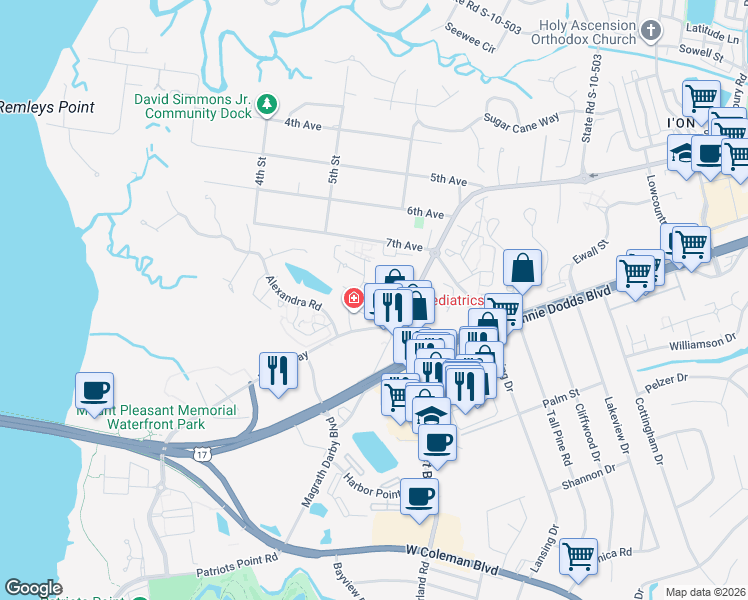 map of restaurants, bars, coffee shops, grocery stores, and more near 313 Mallard Court in Mount Pleasant