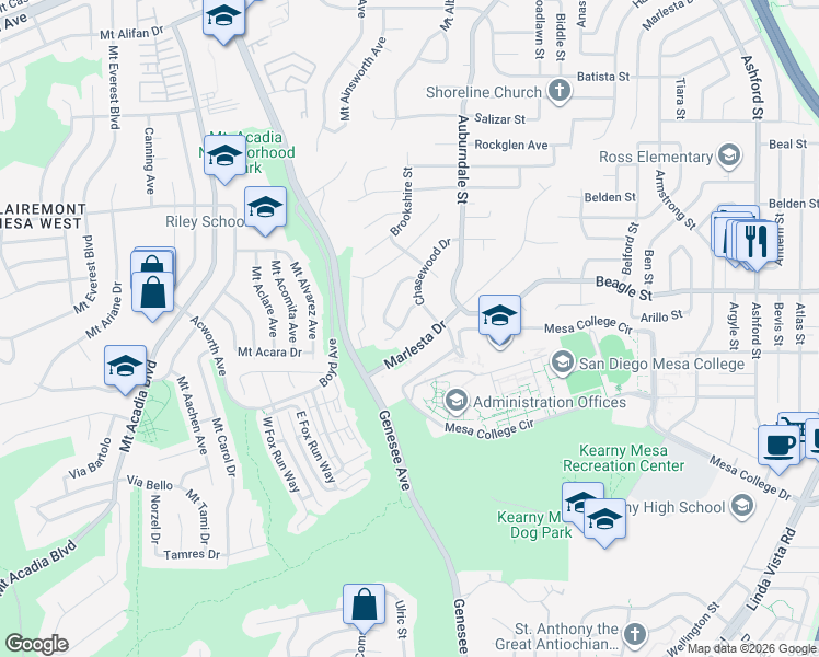 map of restaurants, bars, coffee shops, grocery stores, and more near 3413 Rollsreach Drive in San Diego