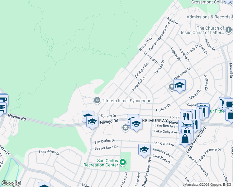 map of restaurants, bars, coffee shops, grocery stores, and more near 6767 Cowles Mountain Boulevard in San Diego