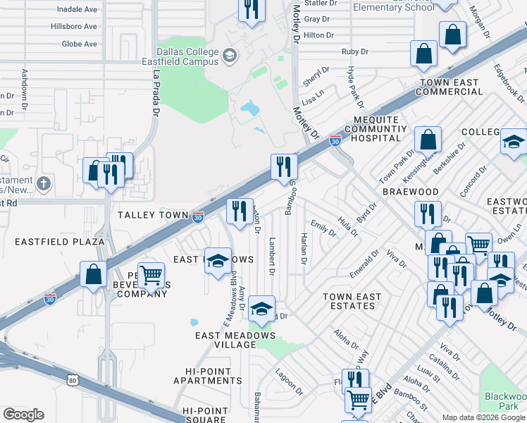 map of restaurants, bars, coffee shops, grocery stores, and more near 4015 Topaz Drive in Mesquite