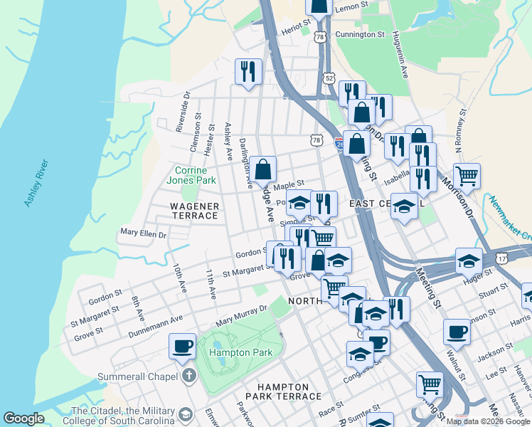 map of restaurants, bars, coffee shops, grocery stores, and more near 815 Rutledge Avenue in Charleston