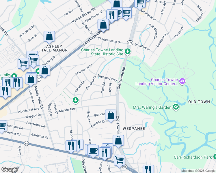 map of restaurants, bars, coffee shops, grocery stores, and more near 1378 Nye Street in Charleston