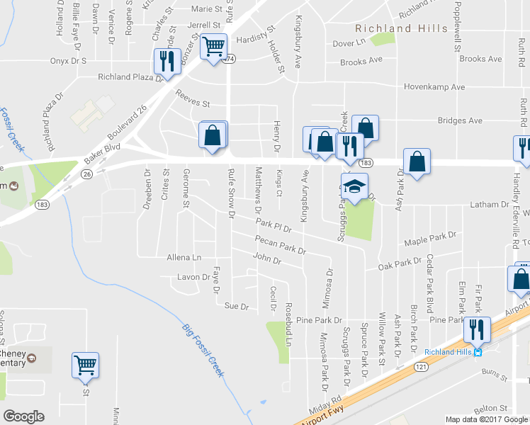 map of restaurants, bars, coffee shops, grocery stores, and more near 3126 Matthews Drive in Richland Hills