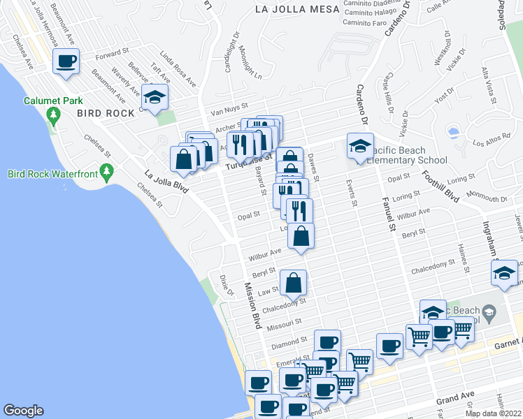 map of restaurants, bars, coffee shops, grocery stores, and more near 906 Opal Street in San Diego