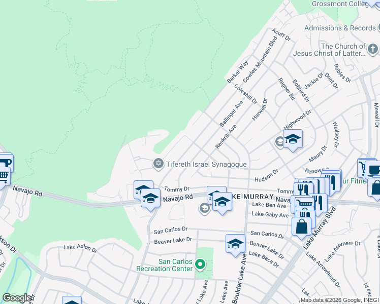 map of restaurants, bars, coffee shops, grocery stores, and more near 6767 Cowles Mountain Boulevard in San Diego