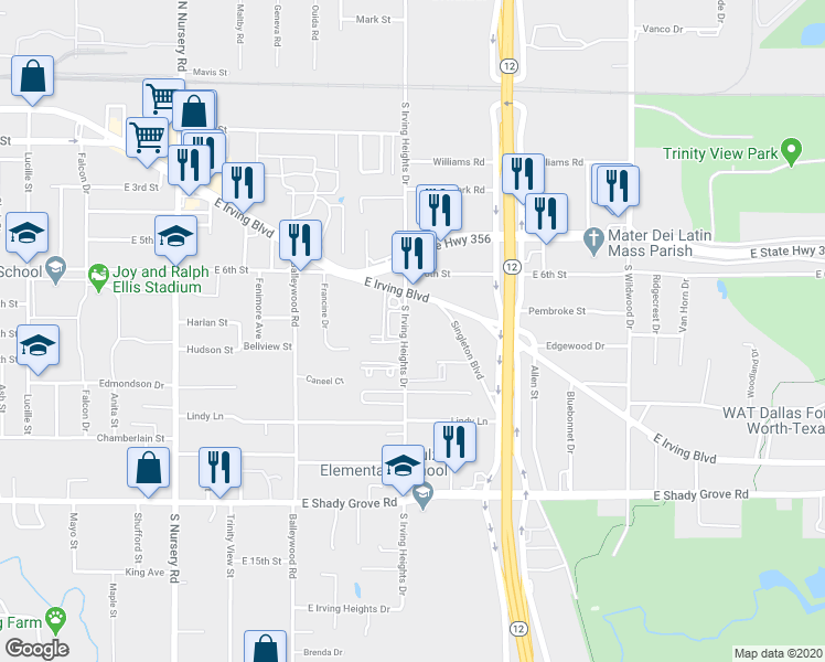 map of restaurants, bars, coffee shops, grocery stores, and more near 702 South Irving Heights Drive in Irving