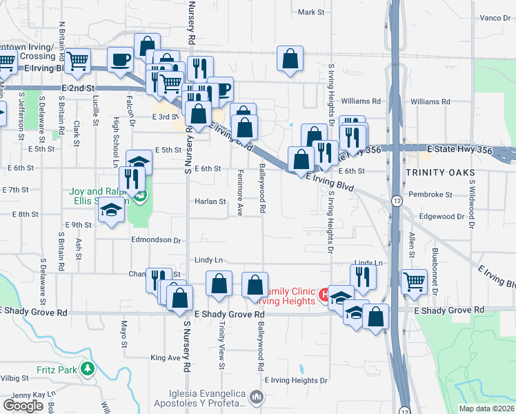 map of restaurants, bars, coffee shops, grocery stores, and more near 711 Balleywood Rd in Irving