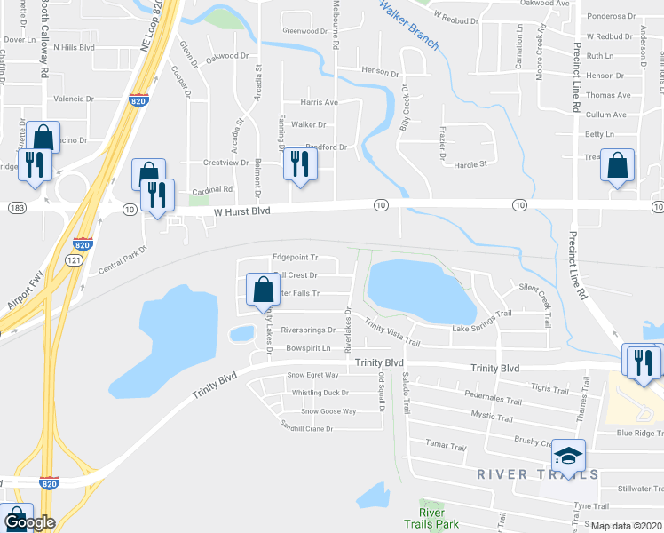 map of restaurants, bars, coffee shops, grocery stores, and more near 8372 Edgepoint Tr in Hurst