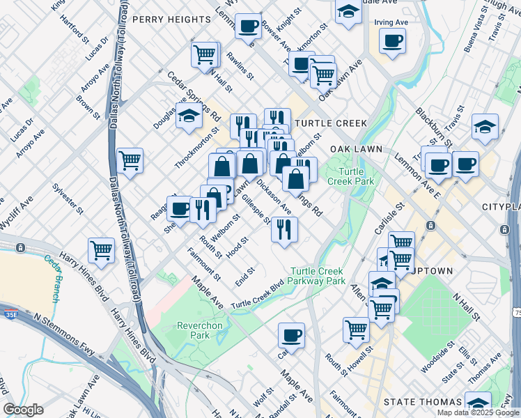 map of restaurants, bars, coffee shops, grocery stores, and more near 3610 Gillespie Street in Dallas