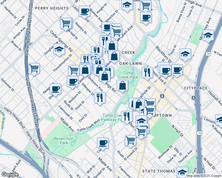 map of restaurants, bars, coffee shops, grocery stores, and more near 3427 Cedar Springs Road in Dallas