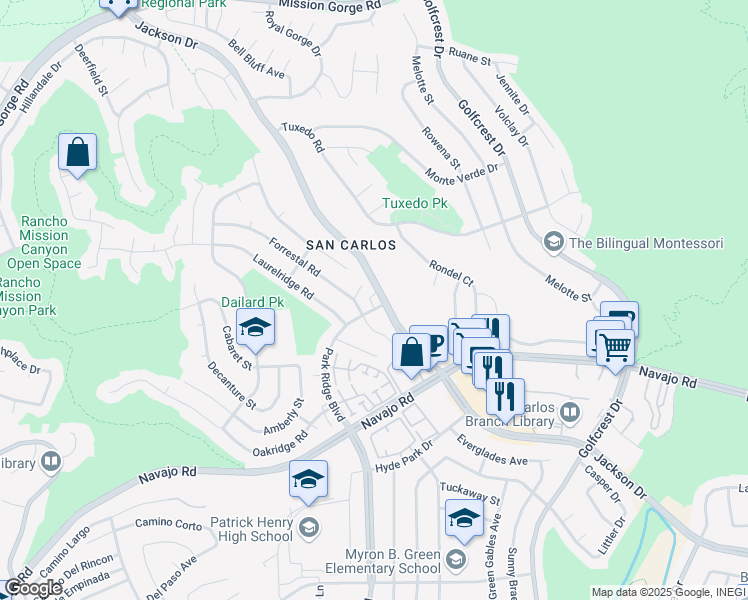 map of restaurants, bars, coffee shops, grocery stores, and more near 7594 Park Ridge Boulevard in San Diego