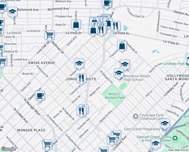 map of restaurants, bars, coffee shops, grocery stores, and more near 1510 Abrams Road in Dallas