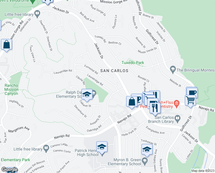 map of restaurants, bars, coffee shops, grocery stores, and more near 7795 Laurelridge Road in San Diego