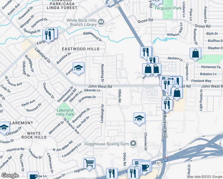 map of restaurants, bars, coffee shops, grocery stores, and more near 1518 John West Road in Dallas