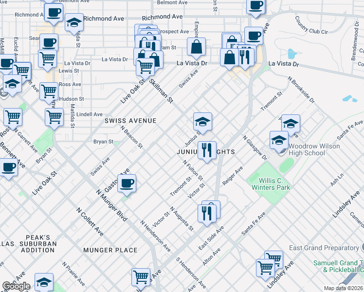 map of restaurants, bars, coffee shops, grocery stores, and more near 700 Glendale Street in Dallas