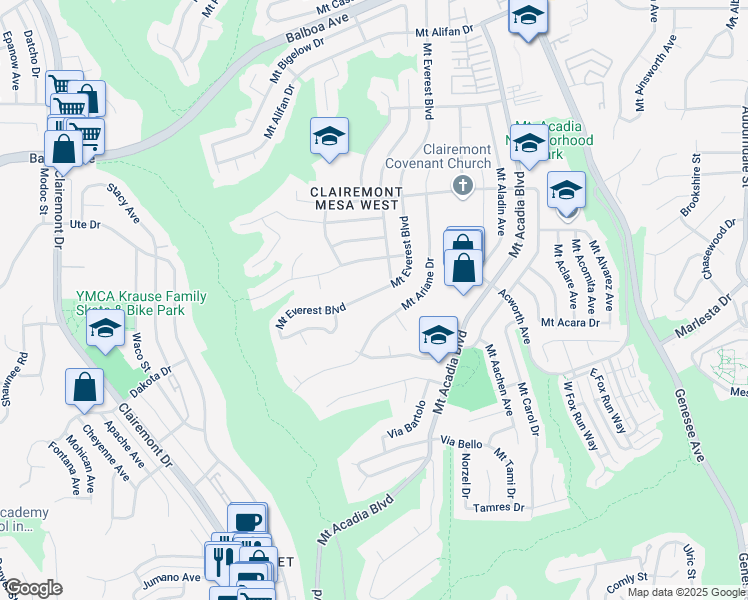 map of restaurants, bars, coffee shops, grocery stores, and more near 3555 Mount Everest Boulevard in San Diego