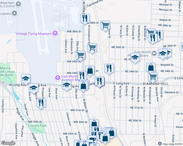 map of restaurants, bars, coffee shops, grocery stores, and more near 3320 North Commerce Street in Fort Worth